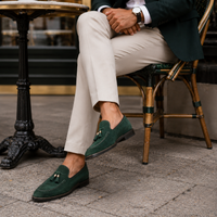 Mocassin Homme Daim Vert À Glands Élégant