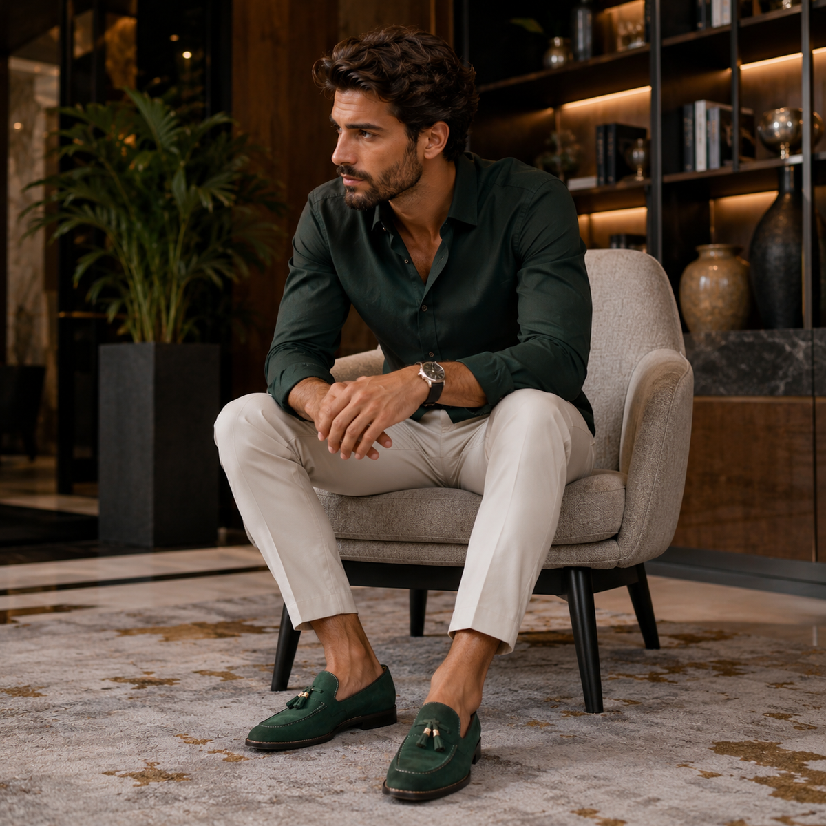 Mocassin Homme Daim Vert À Glands Élégant