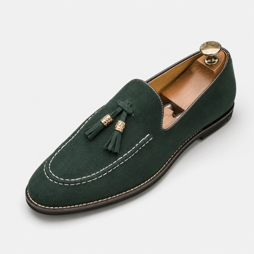 Mocassin Homme Daim Vert À Glands Élégant
