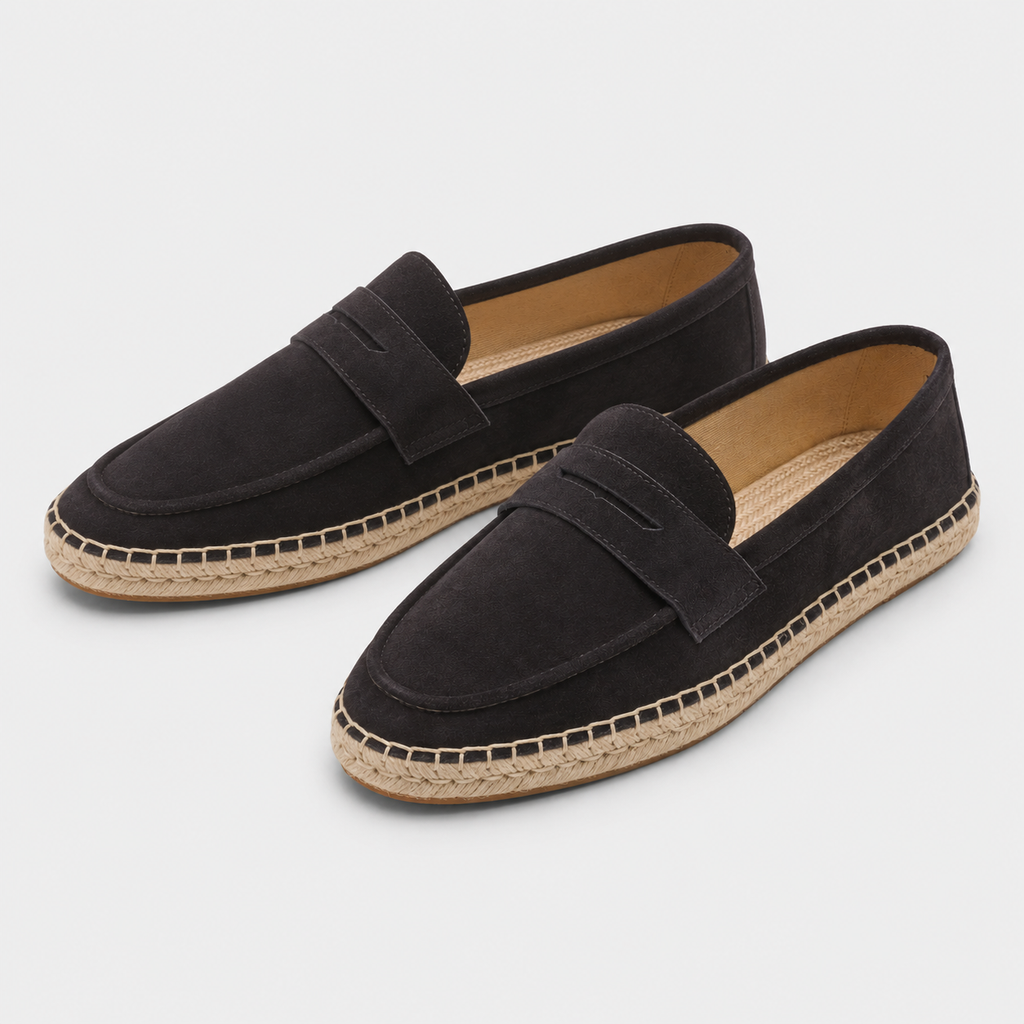 Mocassin Noir Compensé En Daim