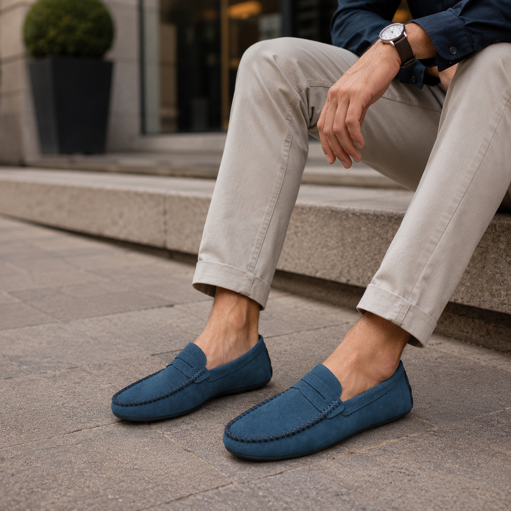 Mocassin Homme Bleu En Daim Décontracté
