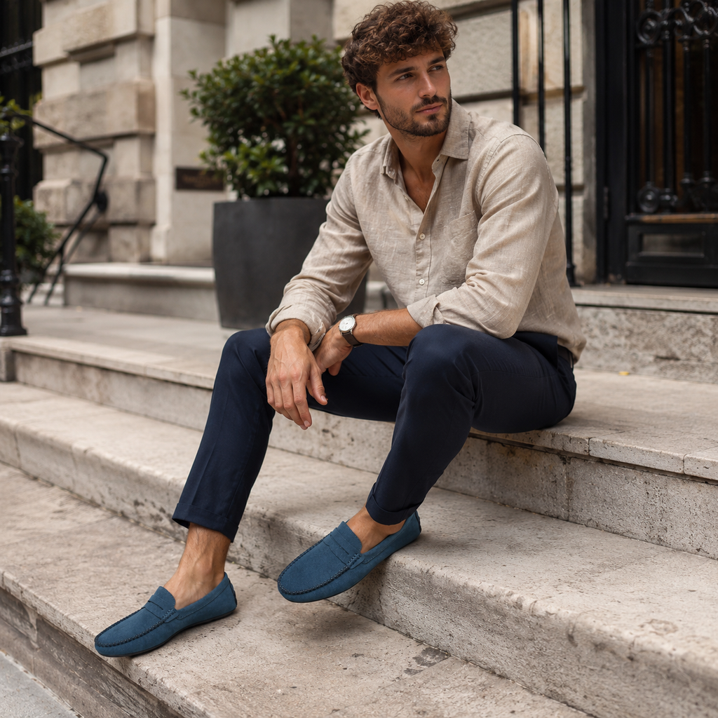 Mocassin Homme Bleu En Daim Décontracté