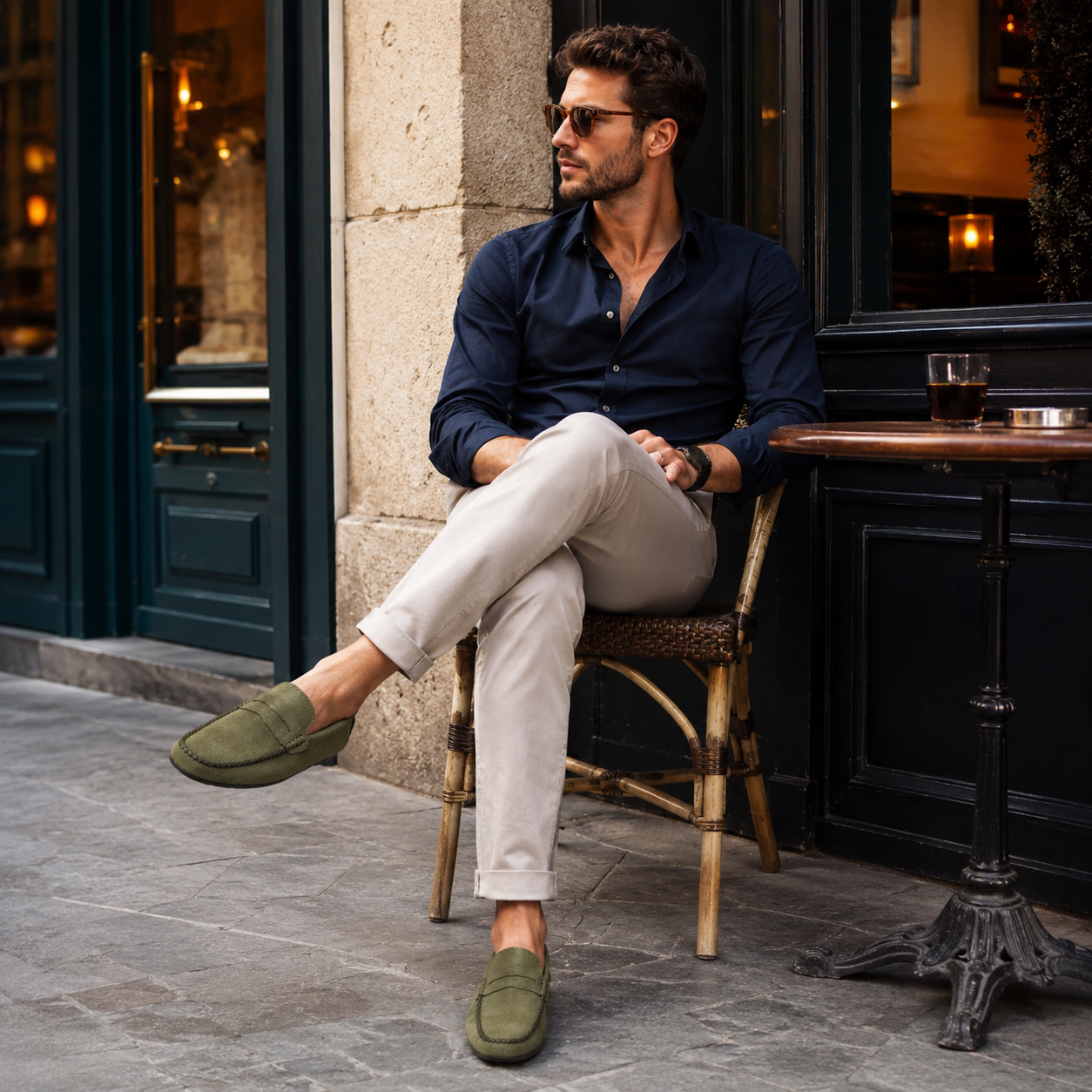 Mocassin Homme Vert En Daim Décontracté