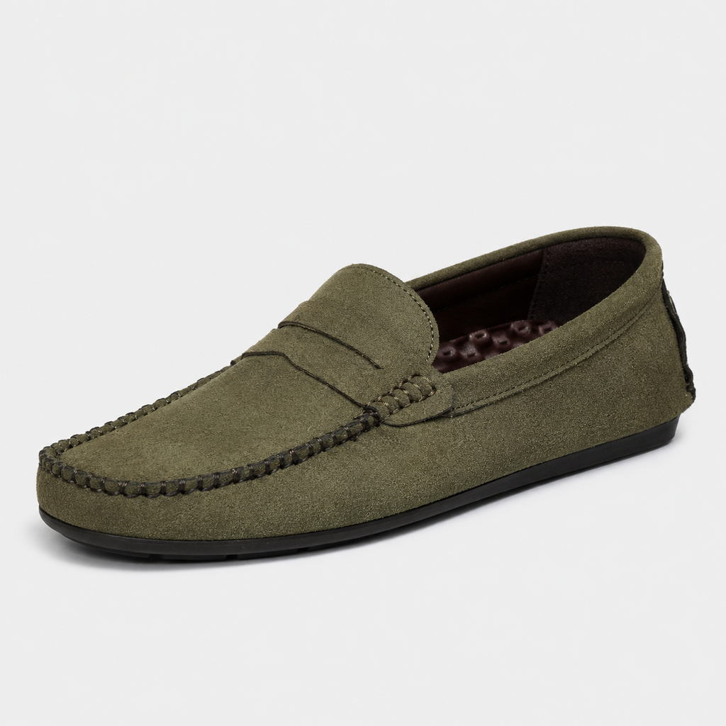 Mocassin Homme Vert En Daim Décontracté