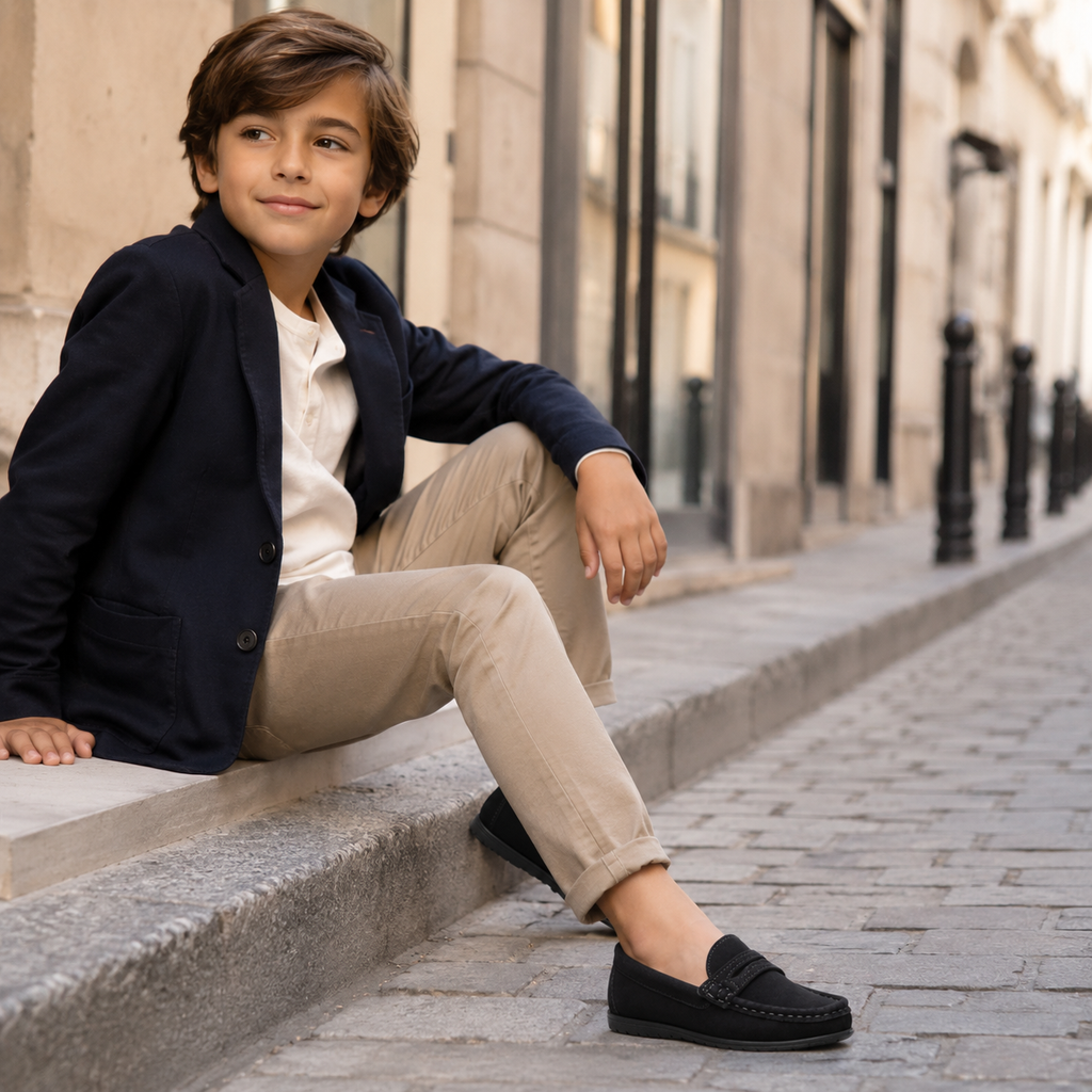 Mocassin Enfant En Daim Noir Classe Pour Bateau