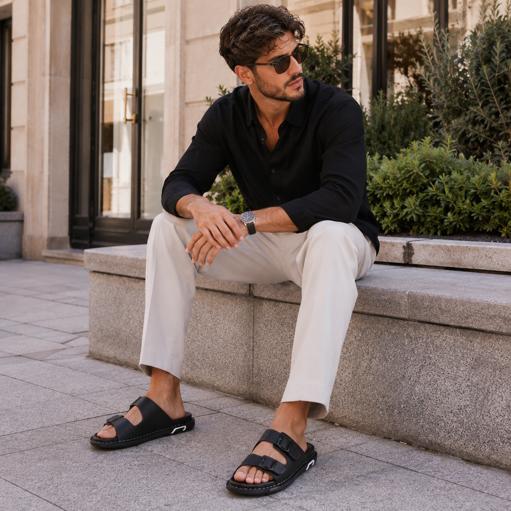 Italienne Sandale Cuir Noir Homme Luxe