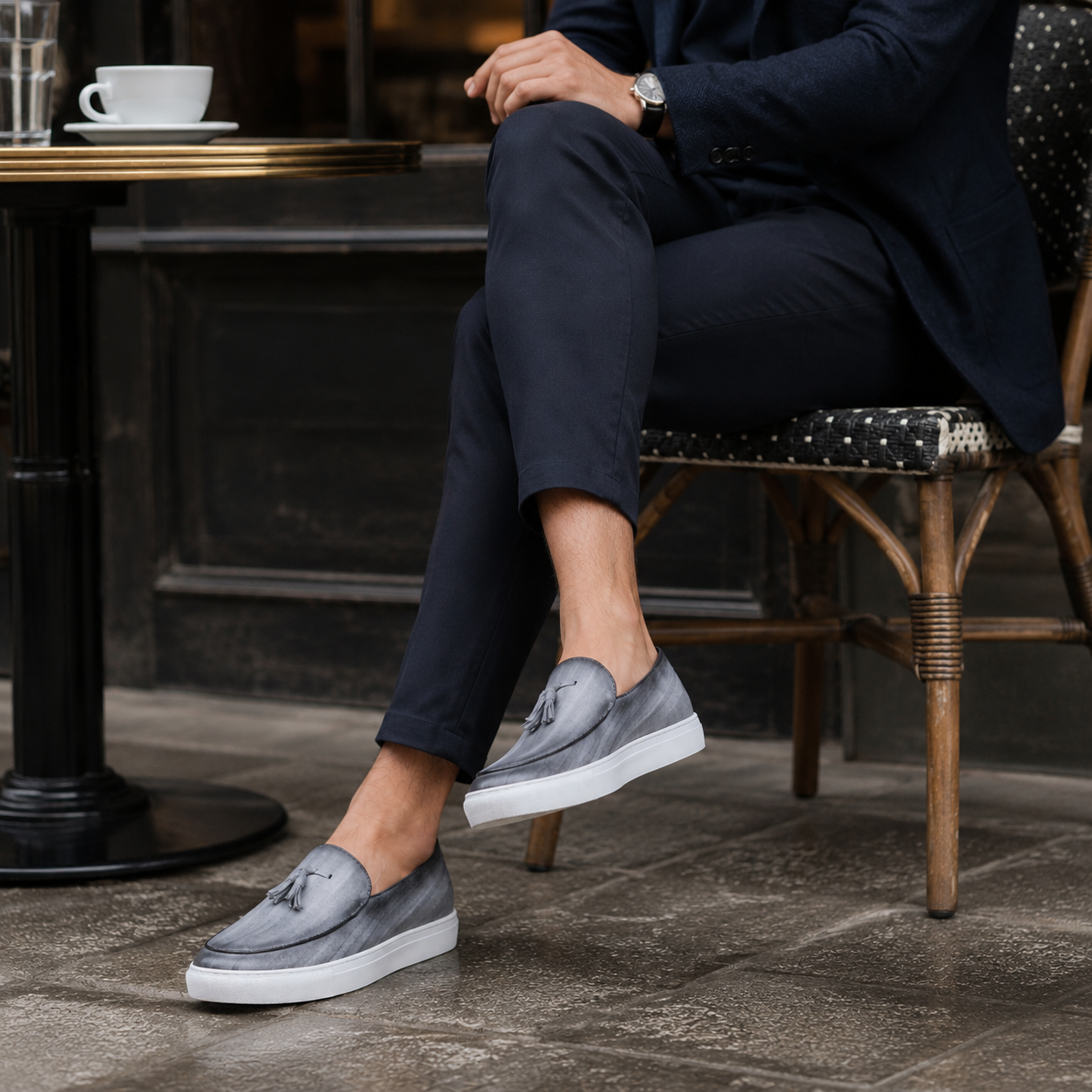 Mocassins Homme Moderne en Cuir avec Pompons Gris