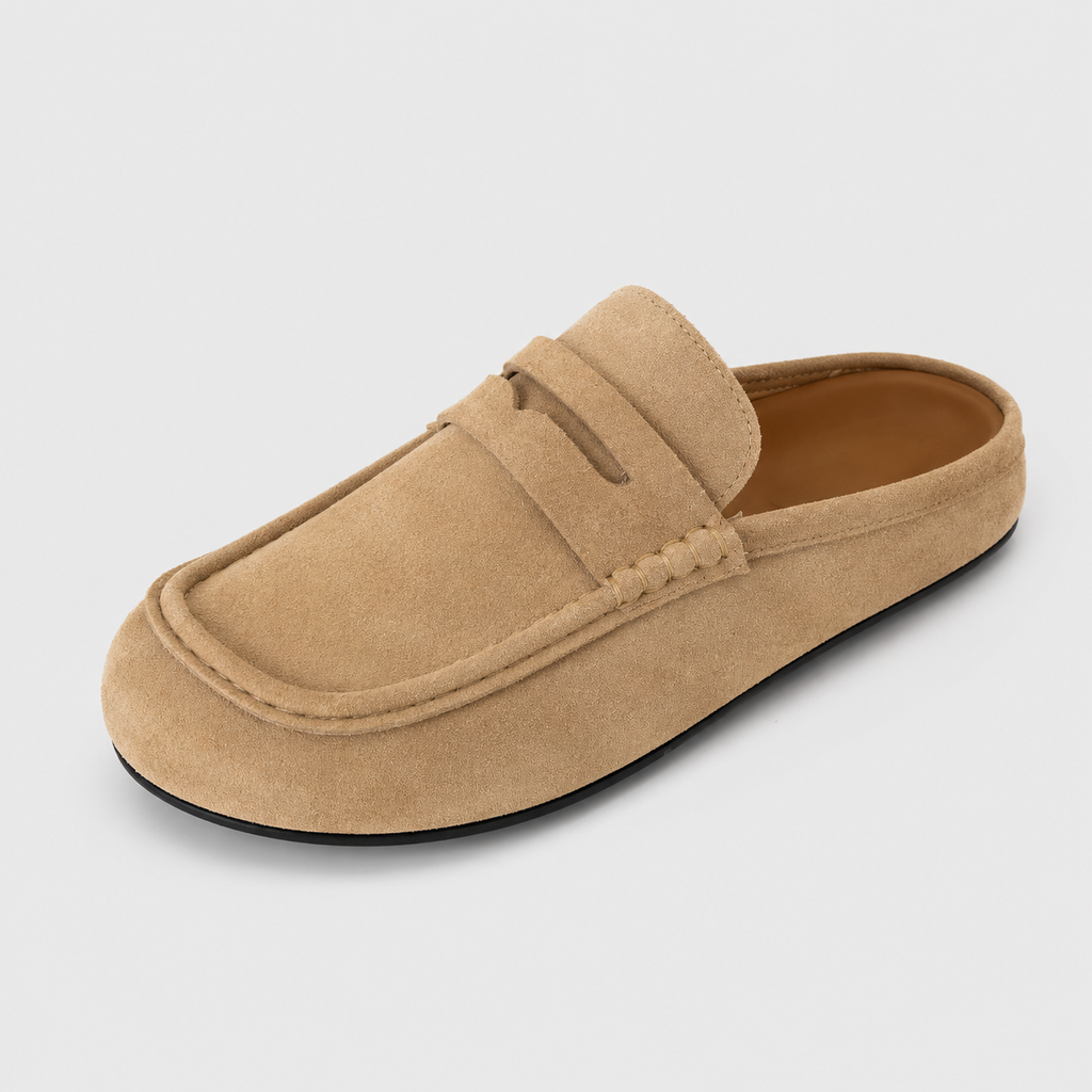 Chausson Mocassin Mule Ouvert En Daim Beige