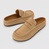 Chausson Mocassin Mule Ouvert En Daim Beige