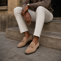 Mocassin Homme Daim Beige À Glands Élégant