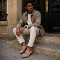 Mocassin Homme Daim Beige À Glands Élégant