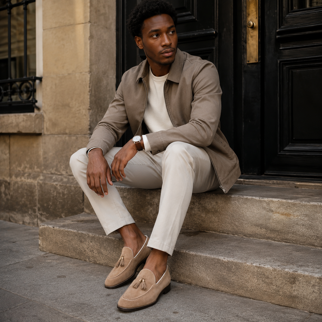 Mocassin Homme Daim Beige À Glands Élégant