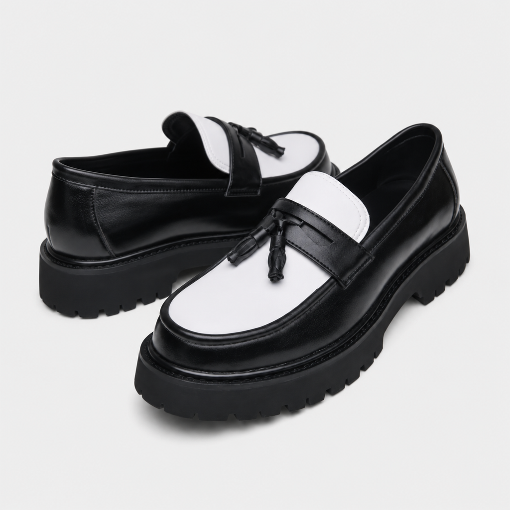 Mocassin Homme Noir Et Blanc À Glands Compensé
