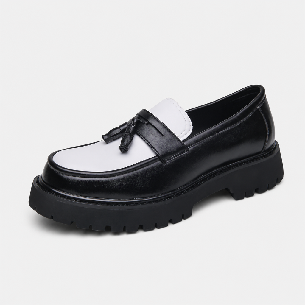 Mocassin Homme Noir Et Blanc À Glands Compensé