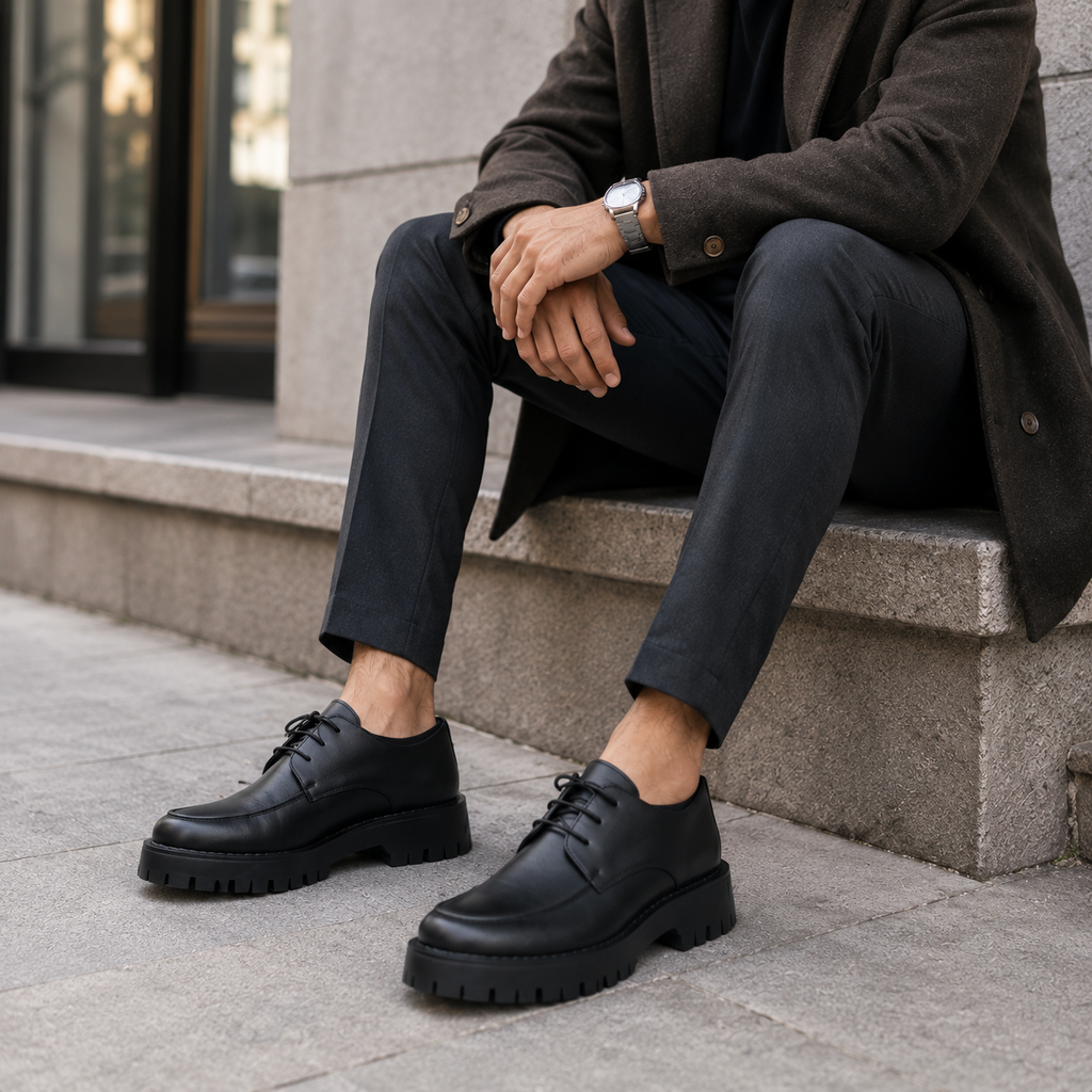 Mocassin Plateforme En Cuir Noir Mat Pour Homme