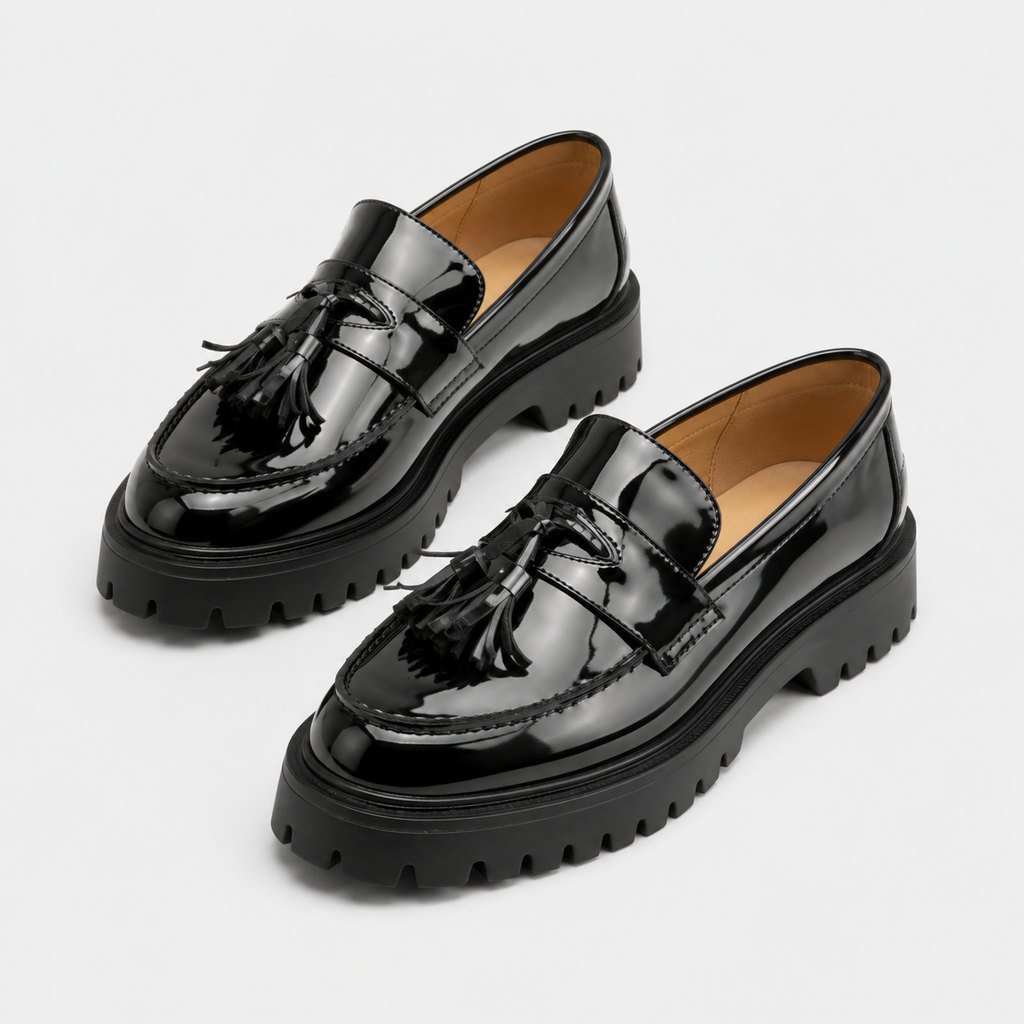 Mocassin En Cuir Noir Plateforme Vernis