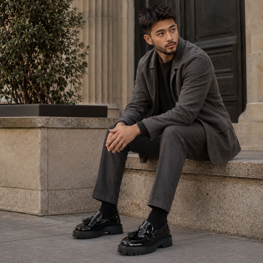 Mocassin En Cuir Noir Plateforme Vernis