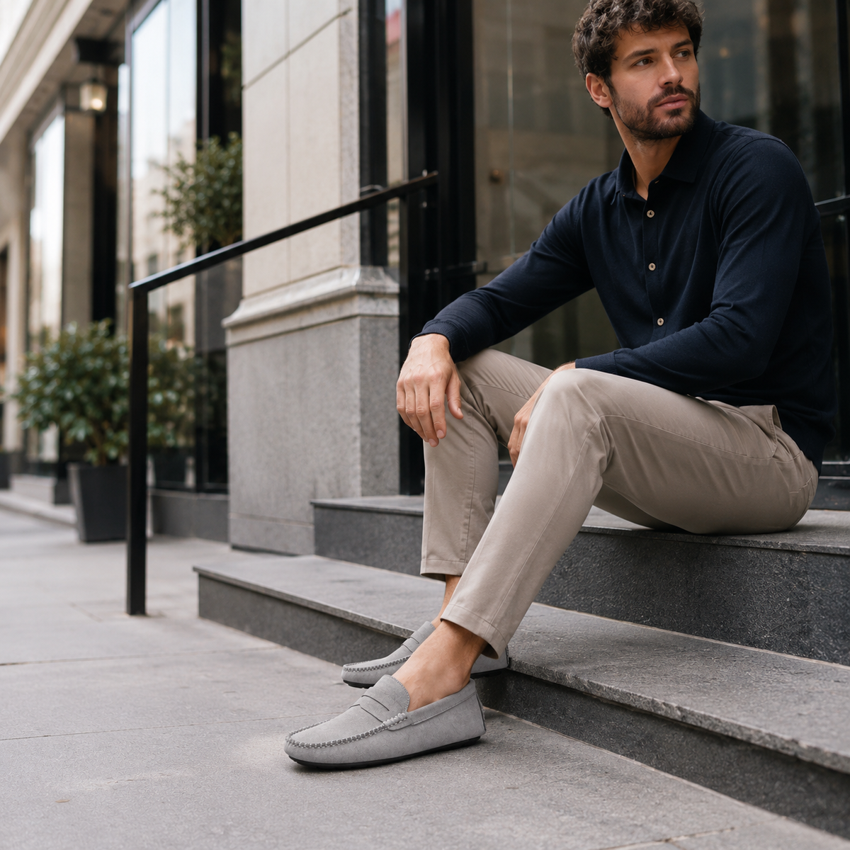 Mocassin Homme Gris En Daim Décontracté