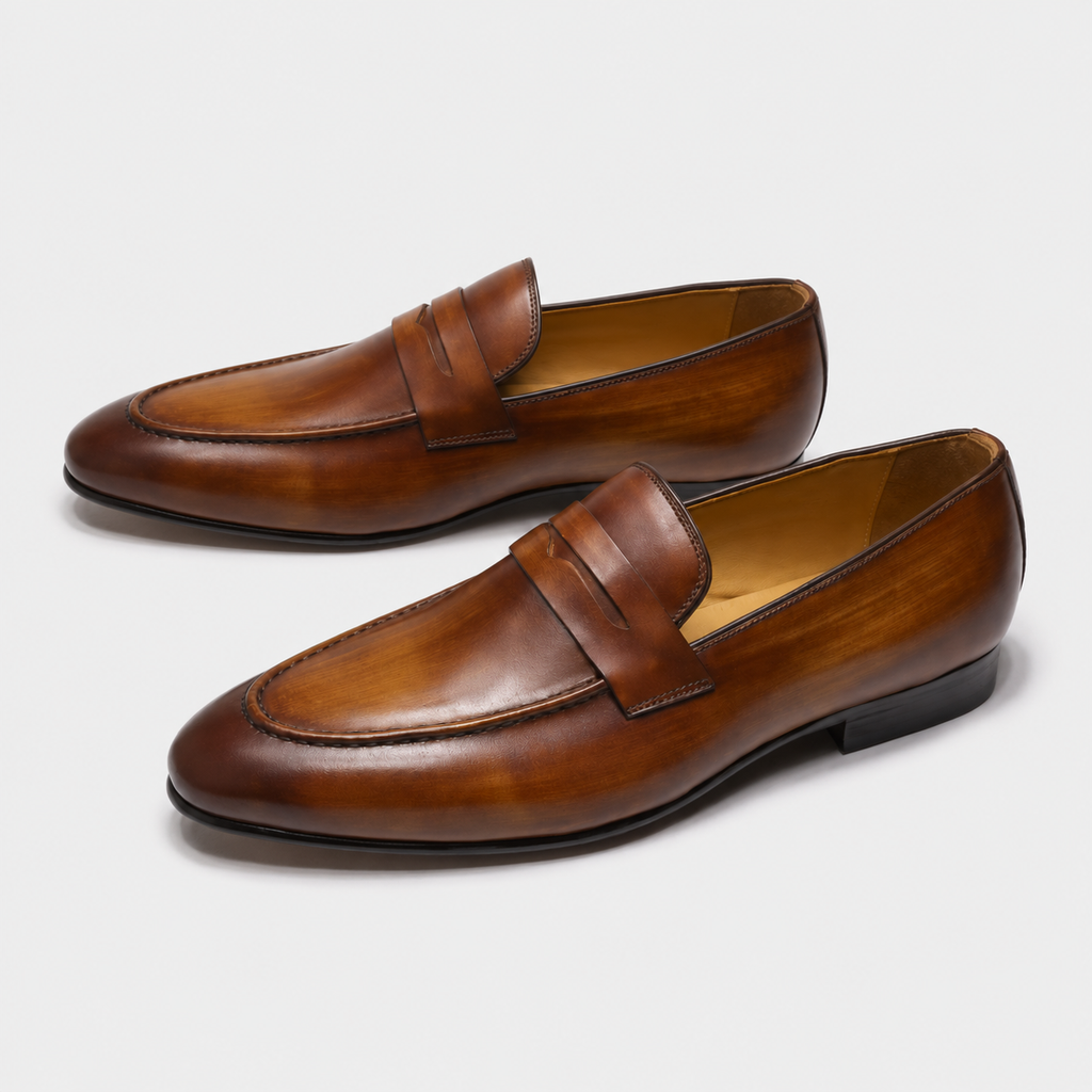 Mocassin En Cuir Vernis Marron Talon Homme