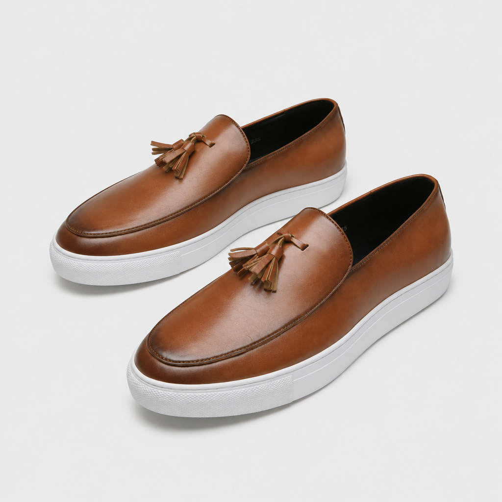Mocassins Homme Moderne en Cuir avec Pompons Marron