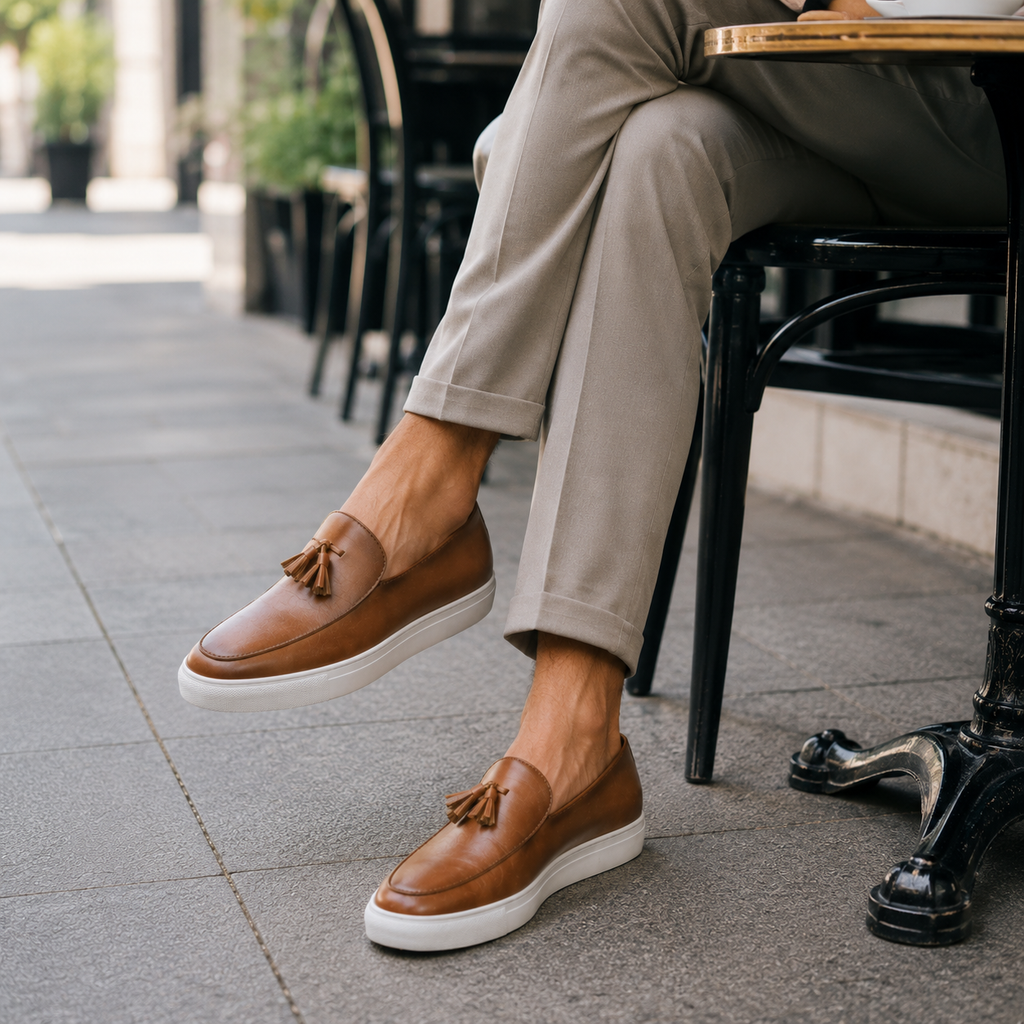 Mocassins Homme Moderne en Cuir avec Pompons Marron