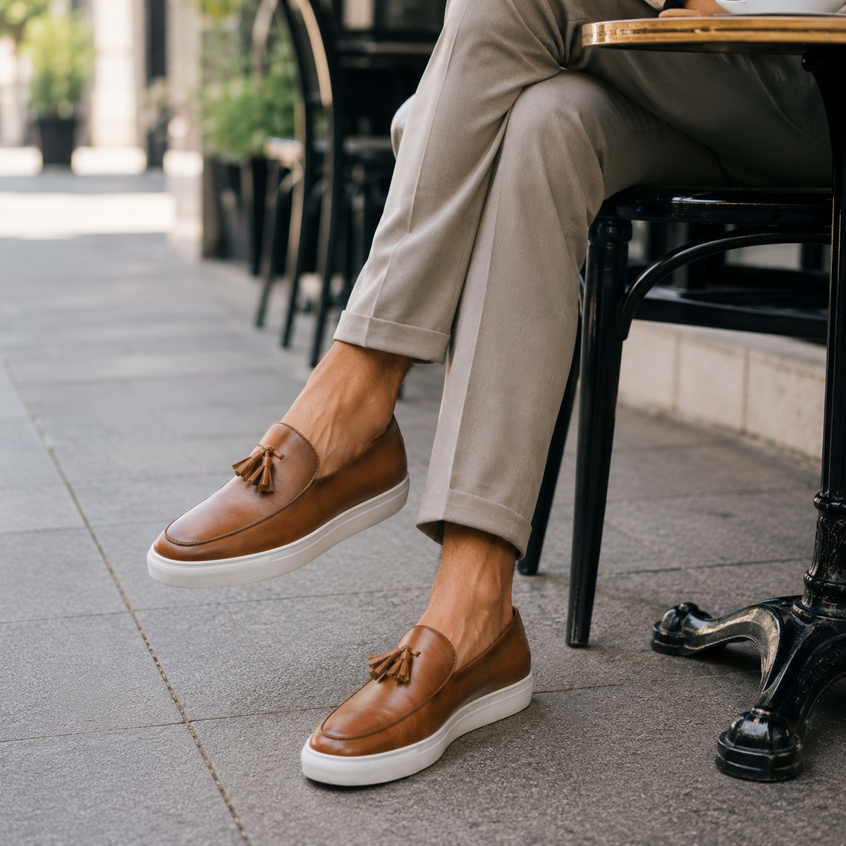 Mocassins Homme Moderne en Cuir avec Pompons Marron