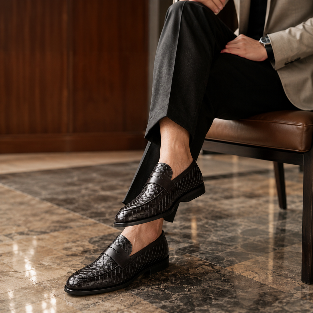 Mocassins Homme En Cuir Tressé Noir