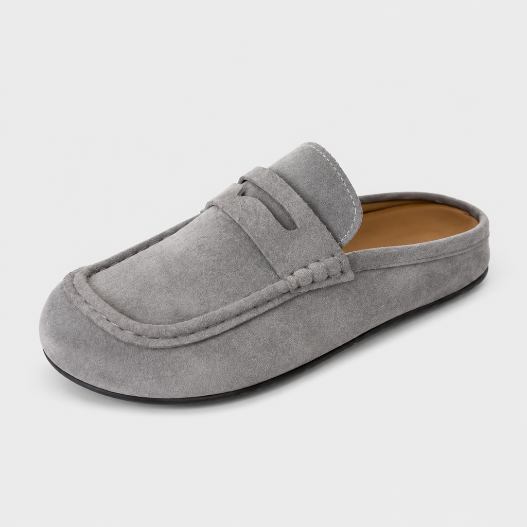 Chausson Mocassin Mule Ouvert En Daim Gris