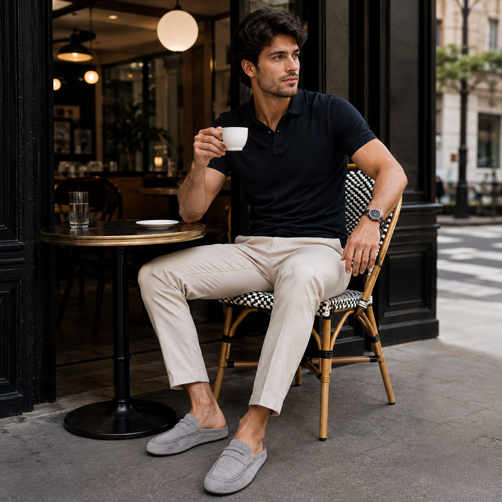 Chausson Mocassin Mule Ouvert En Daim Gris