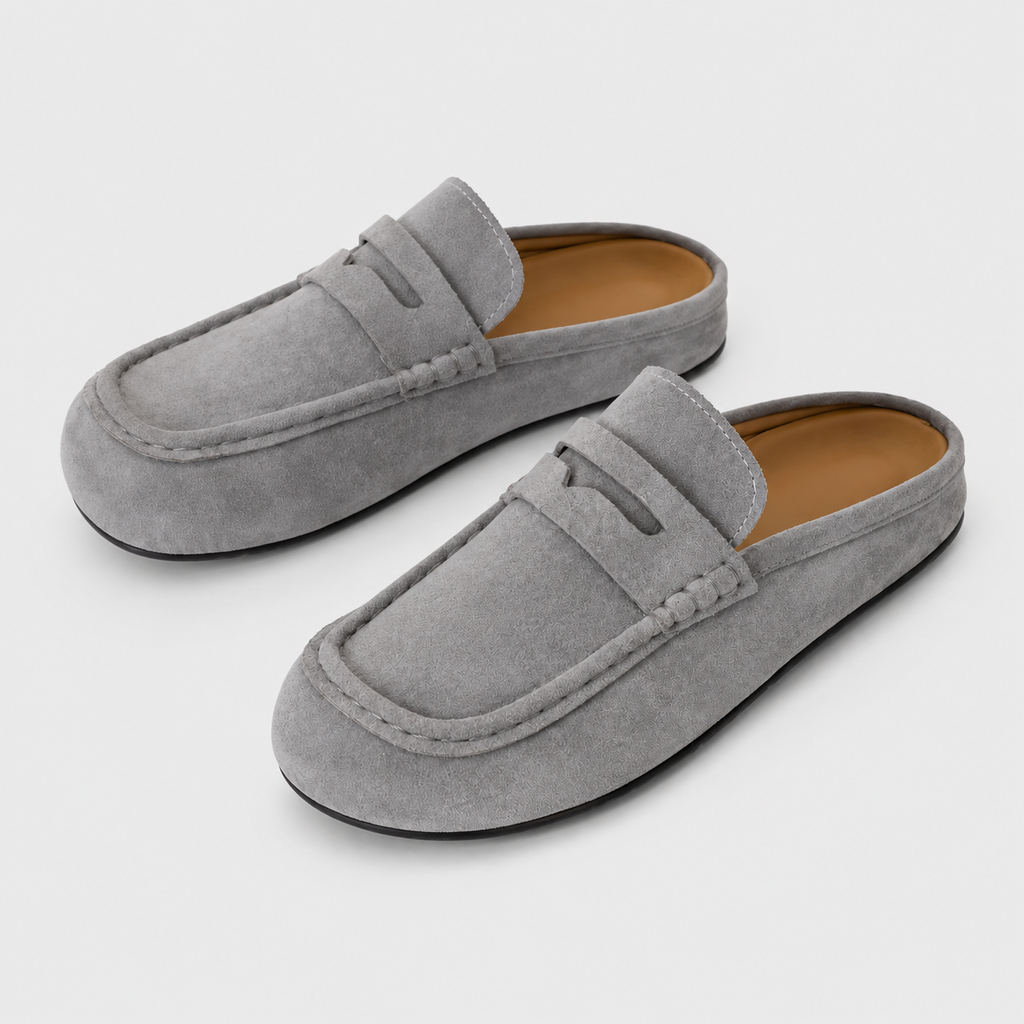Chausson Mocassin Mule Ouvert En Daim Gris