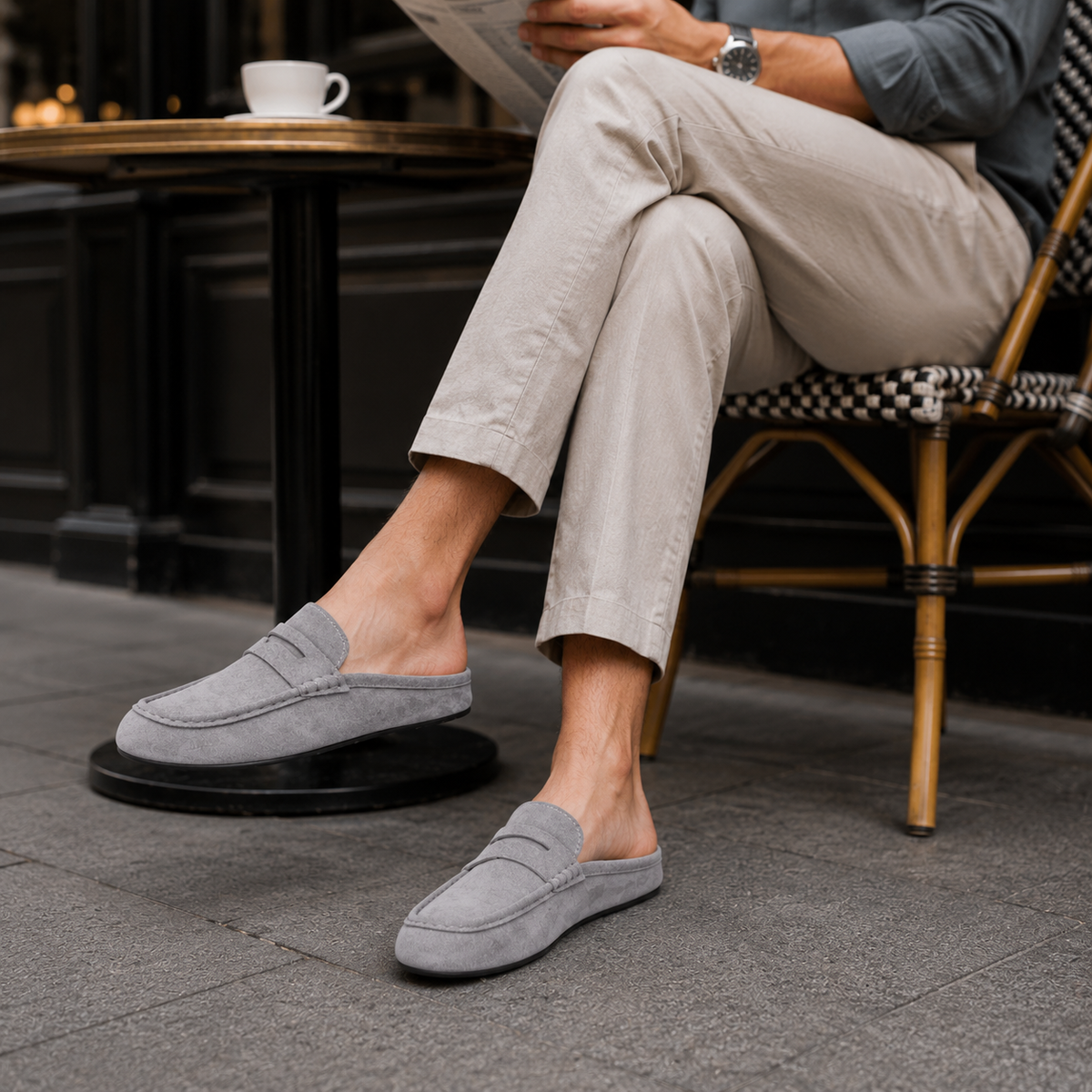 Chausson Mocassin Mule Ouvert En Daim Gris