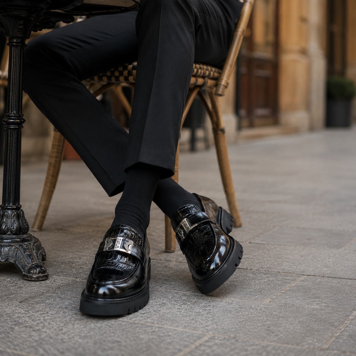 Mocassin Compensé En Cuir Noir Pour Homme