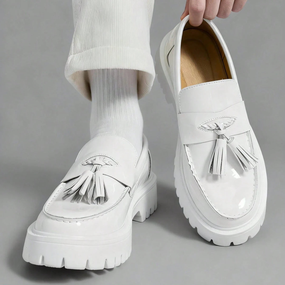Mocassin En Cuir Noir Plateforme Vernis