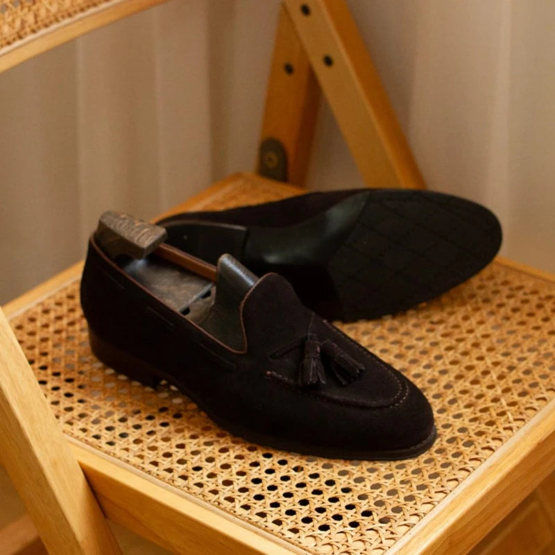 Mocassin En Dain À Gland Noir Foncé Talon Homme