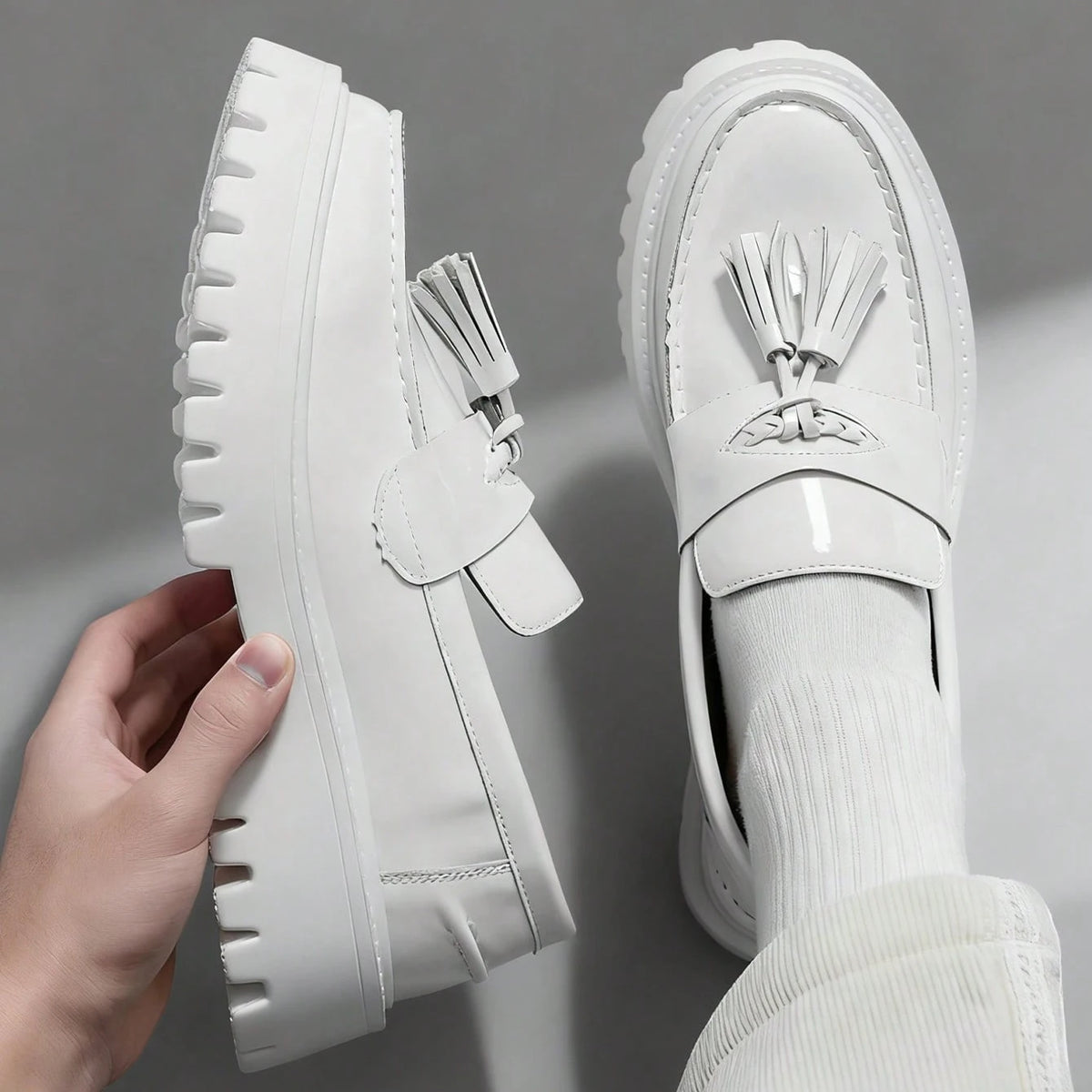 Mocassin En Cuir Noir Plateforme Vernis