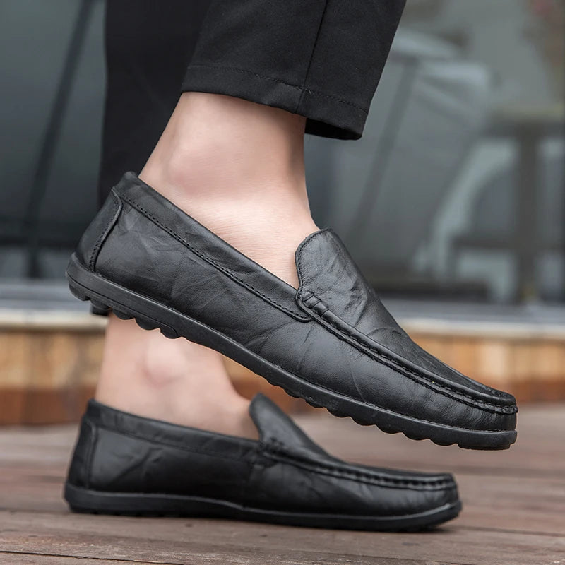 Mocassin En Cuir Véritable Noir Pour Bateau Homme