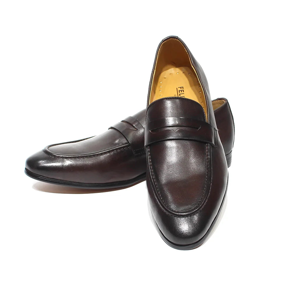 Mocassin En Cuir Vernis Marron Talon Homme