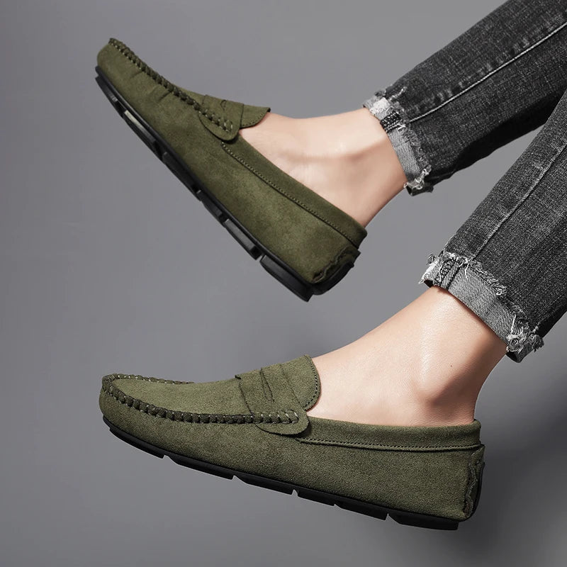 Mocassin Homme Vert En Daim Décontracté