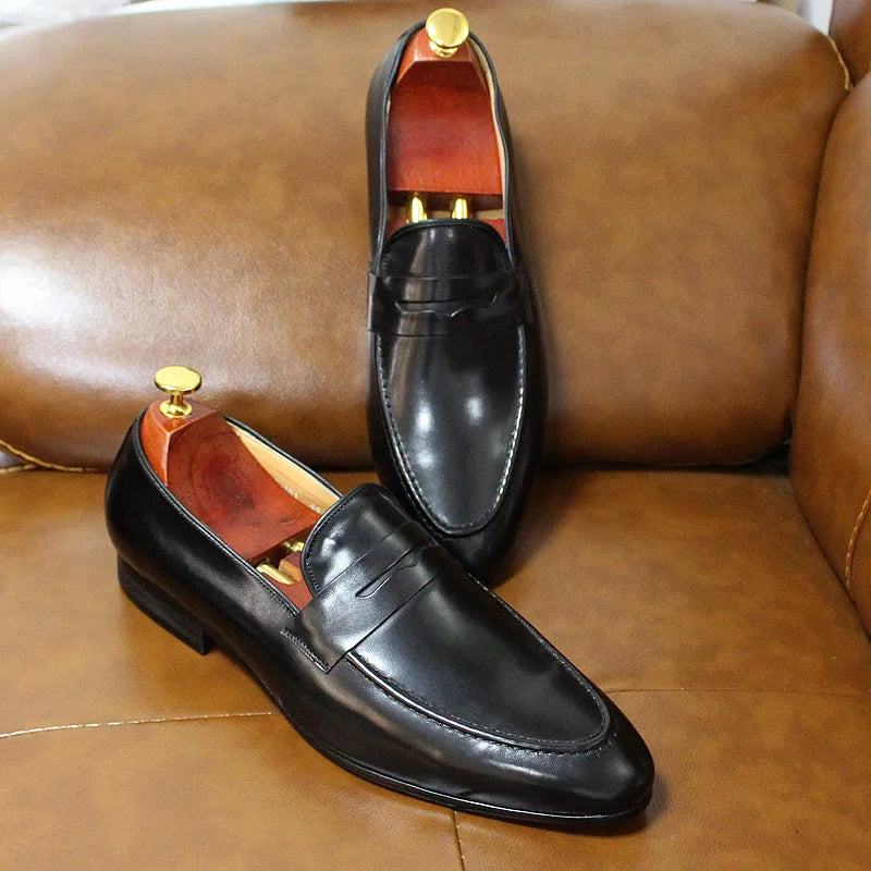 Mocassin En Cuir Vernis Marron Talon Homme