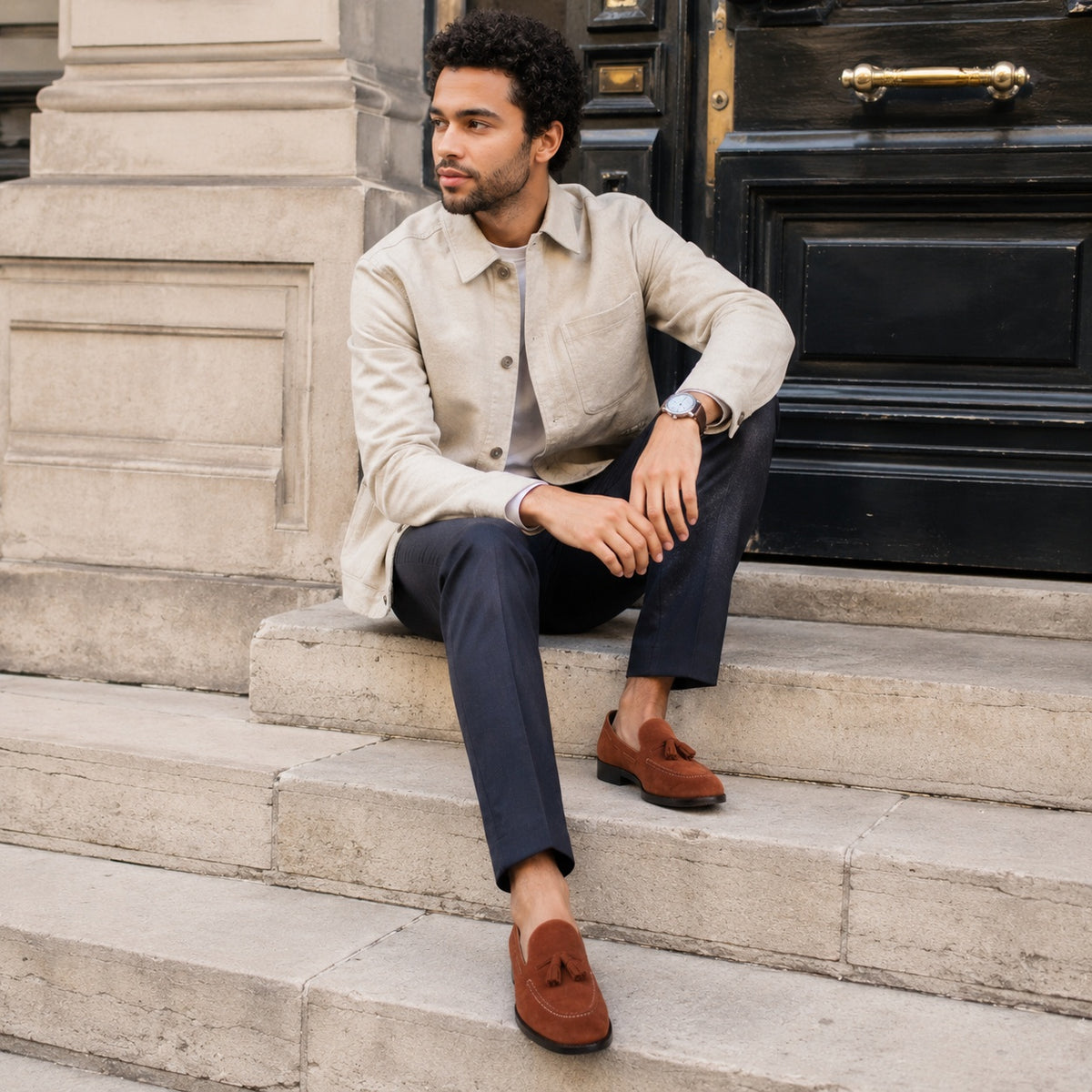 Noble Chaussure Mocassin Homme À Gland Mocassin En Dain À Gland Marron Foncé Talon Homme