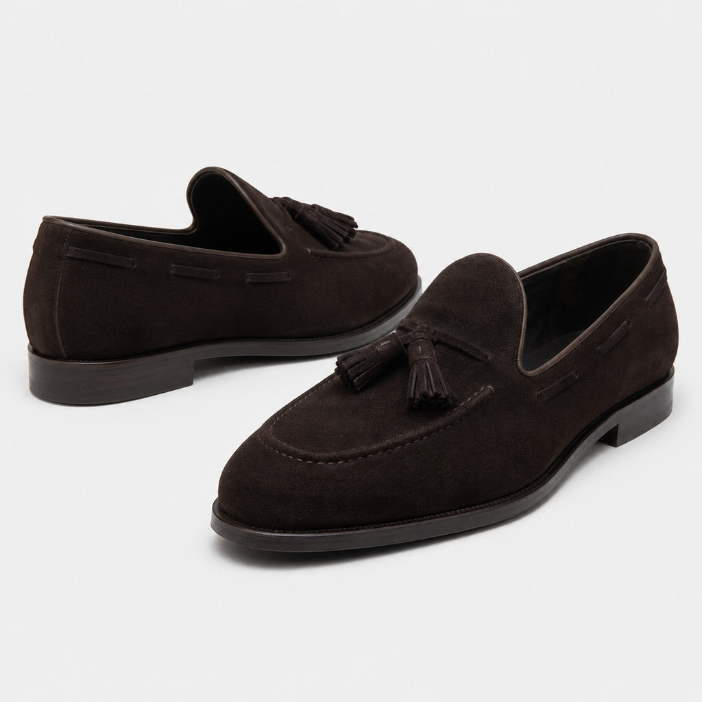 Noble Chaussure Mocassin Homme À Gland Mocassin En Dain À Gland Noir Foncé Talon Homme