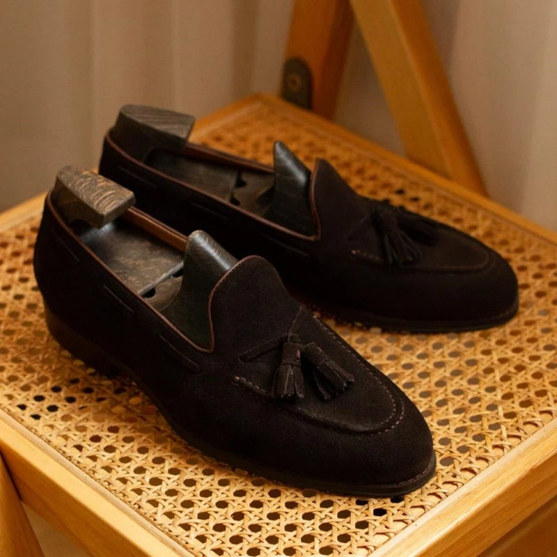 Noble Chaussure Mocassin Homme À Gland Mocassin En Dain À Gland Noir Foncé Talon Homme
