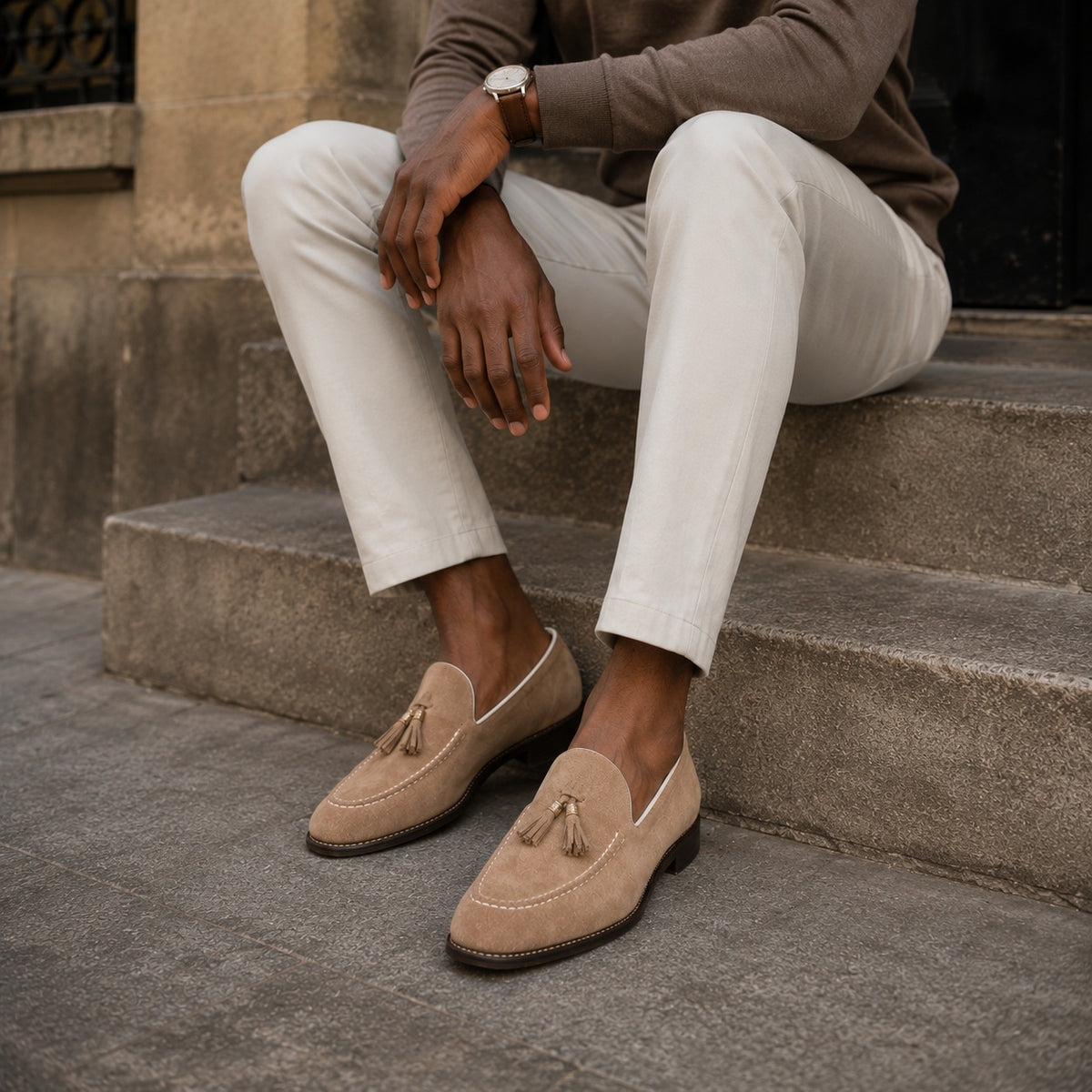 Noble Chaussure Mocassin Homme À Gland Mocassin Homme Daim Beige À Glands Élégant