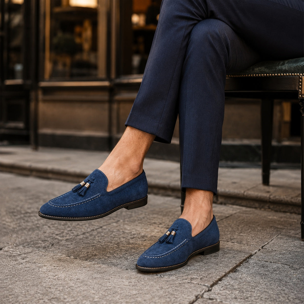 Noble Chaussure Mocassin Homme À Gland Mocassin Homme Daim Bleu à Glands Élégant