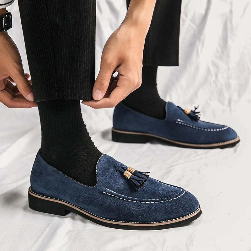 Noble Chaussure Mocassin Homme À Gland Mocassin Homme Daim Bleu à Glands Élégant