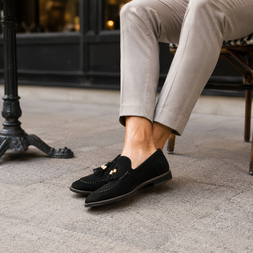 Noble Chaussure Mocassin Homme À Gland Mocassin Homme Daim Noir À Glands Élégant