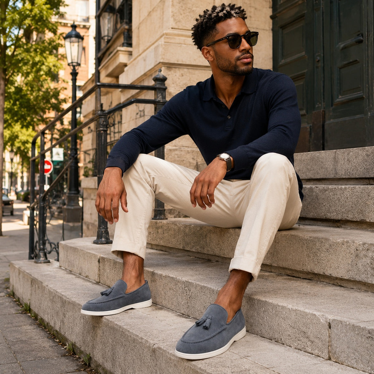 Noble Chaussure Mocassin Homme À Gland Mocassin Homme Gris À Gland En Daim