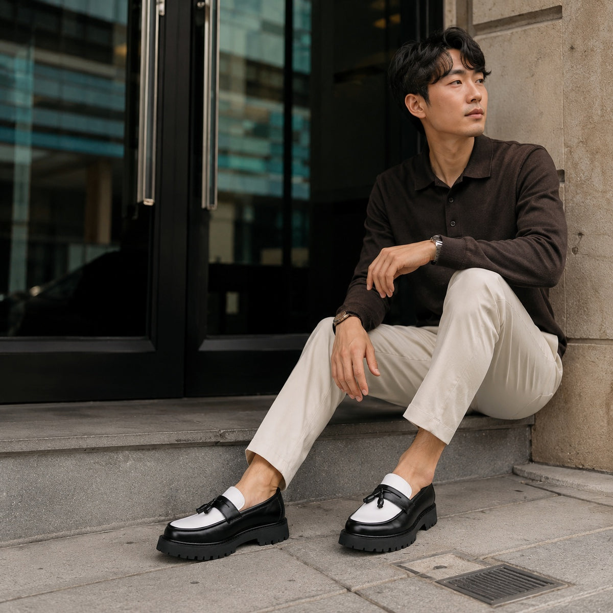 Noble Chaussure Mocassin Homme À Gland Mocassin Homme Noir Et Blanc À Glands Compensé