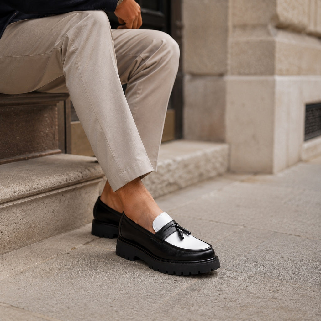 Noble Chaussure Mocassin Homme À Gland Mocassin Homme Noir Et Blanc À Glands Compensé