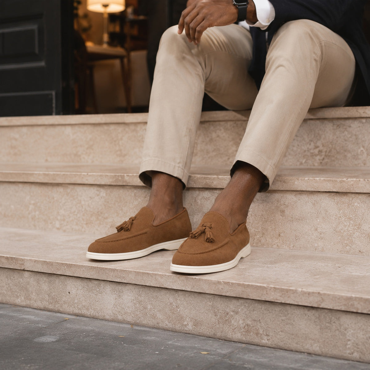 Noble Chaussure Mocassin Homme À Gland Mocassins À Glands Marron En Daim